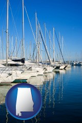 alabama map icon and sailboats in a marina