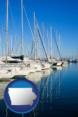 iowa map icon and sailboats in a marina