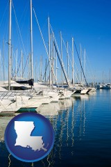 louisiana map icon and sailboats in a marina