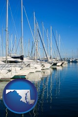 maryland map icon and sailboats in a marina