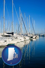 rhode-island map icon and sailboats in a marina