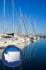washington map icon and sailboats in a marina