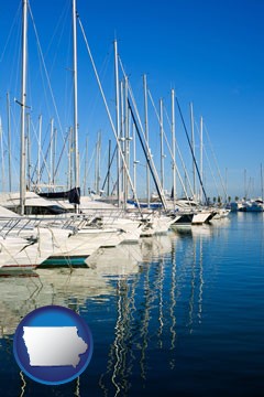 sailboats in a marina - with Iowa icon