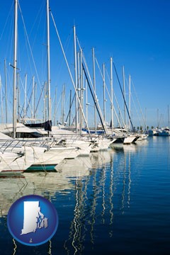 sailboats in a marina - with Rhode Island icon