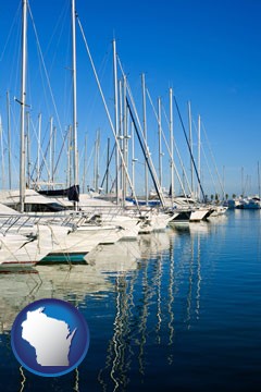sailboats in a marina - with Wisconsin icon
